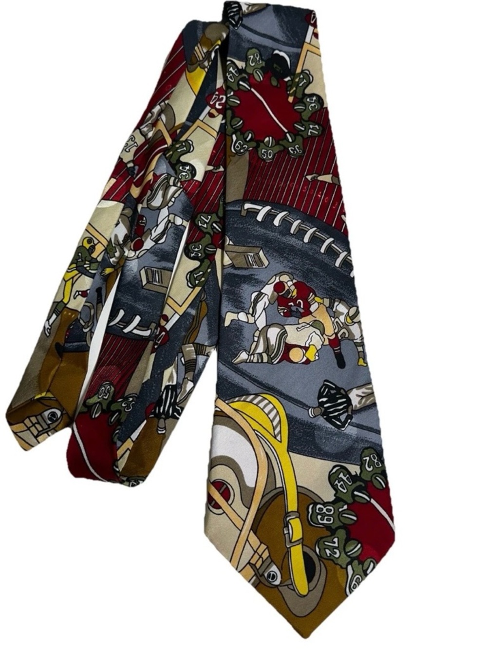 Football-Print Silk Tie in Burgundy, Navy & Gold